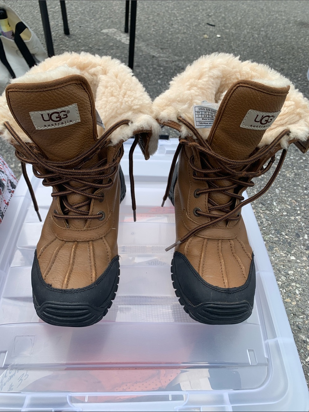 UGG Adirondack Brown Leather Lace-Up Winter Boots with Black Rubber Soles
